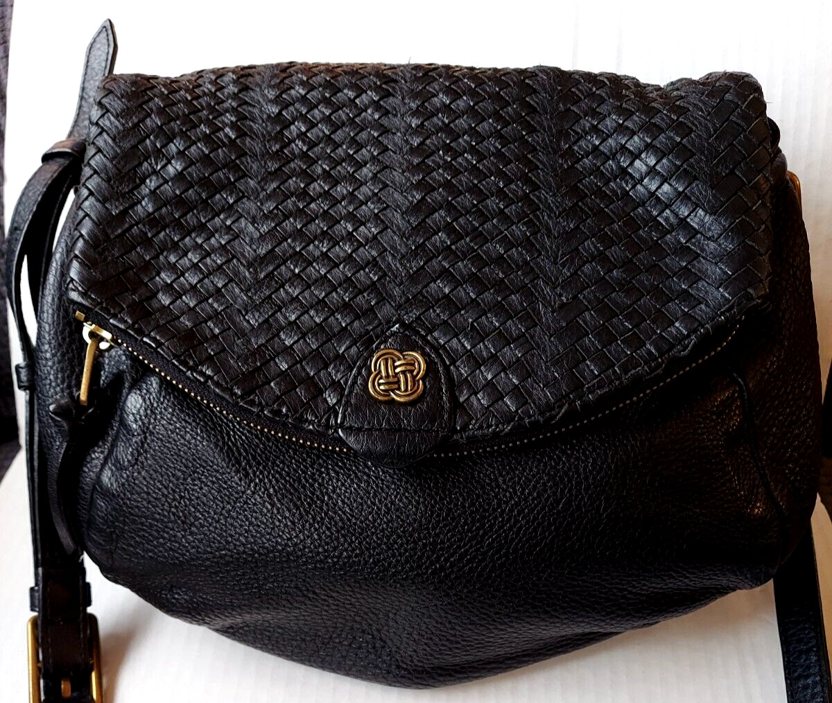 Elliott Lucca Black braided pebbled Leather Crossbody gold over Bag Purse