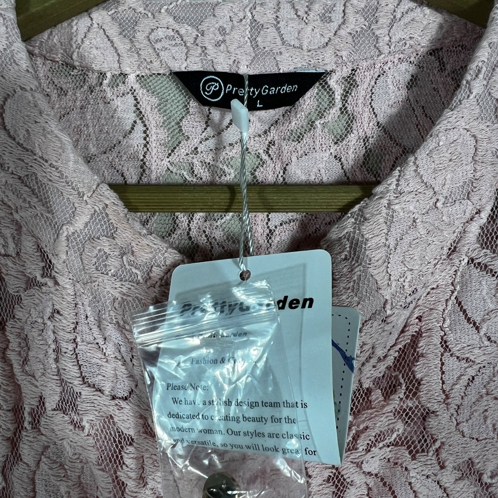 NWT PrettyGarden Floral Lace Button Front Blouse Pink Romantic Ruffle Size L