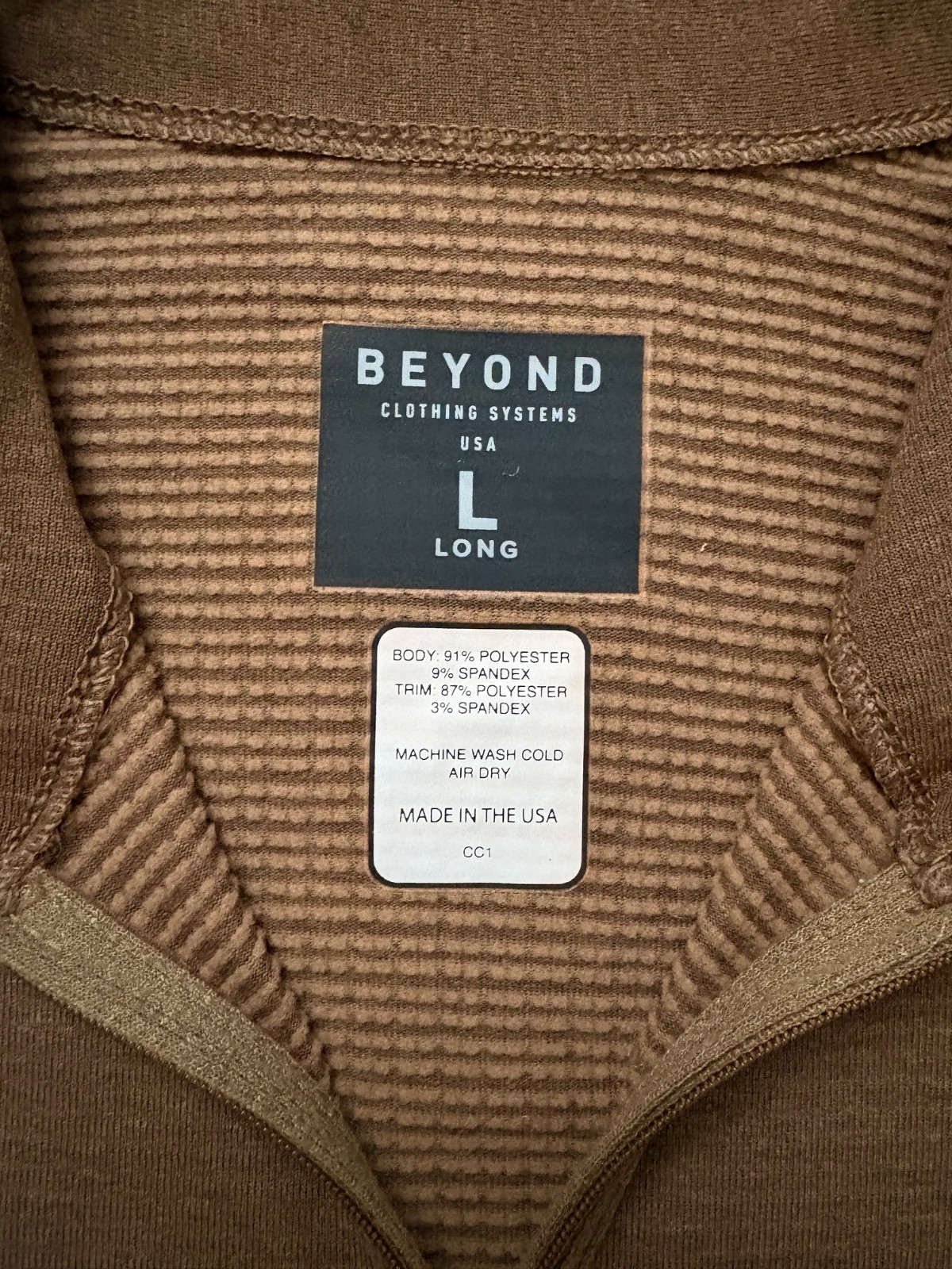 Beyond Clothing Systems men’s Brown 1/4 Zip CC1 Pullover Base layer L Long USA