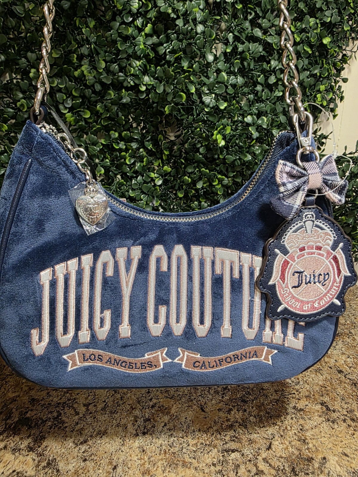 Juicy Couture Blue Logo Crescent Shoulder Bag Chain Strap Charm Zip Medium