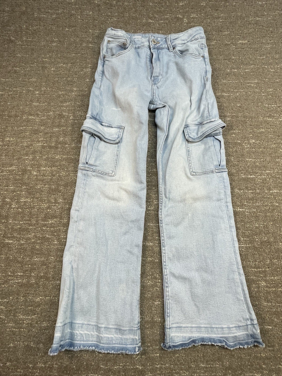Zara Size 13–14 Cm 164 Adjustable Waist Cargo Jeans Light Wash Raw Hem
