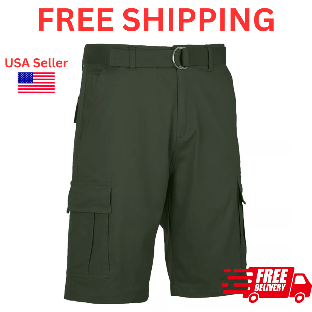 Men’s Cargo Shorts Stretch Lightweight Cotton Twill Multi Pockets Belted Short