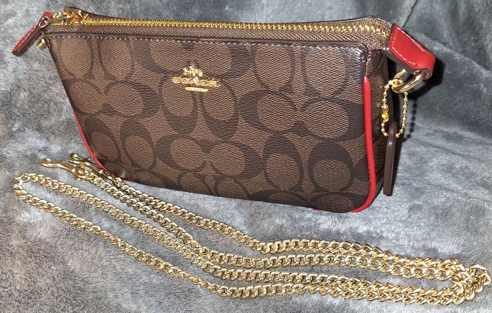 COACH Nolita 19 Signature Canvas BROWN / RED C3308 EUC + Gold Crossbody Chain