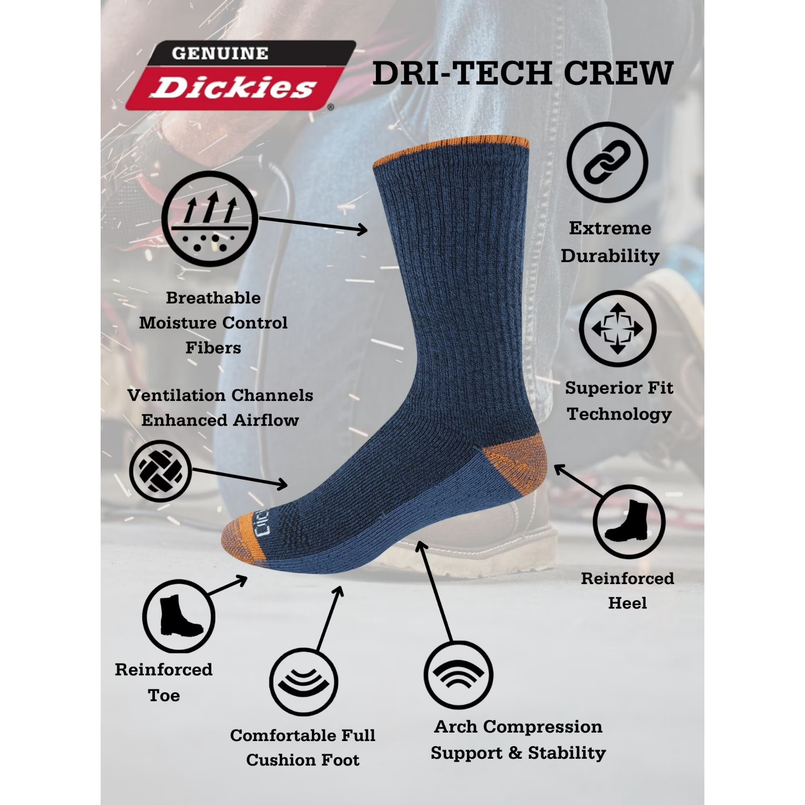 6 Pack Genuine Dickies Mens Dritech Crew Socks Moisture Control Black Size 6-12