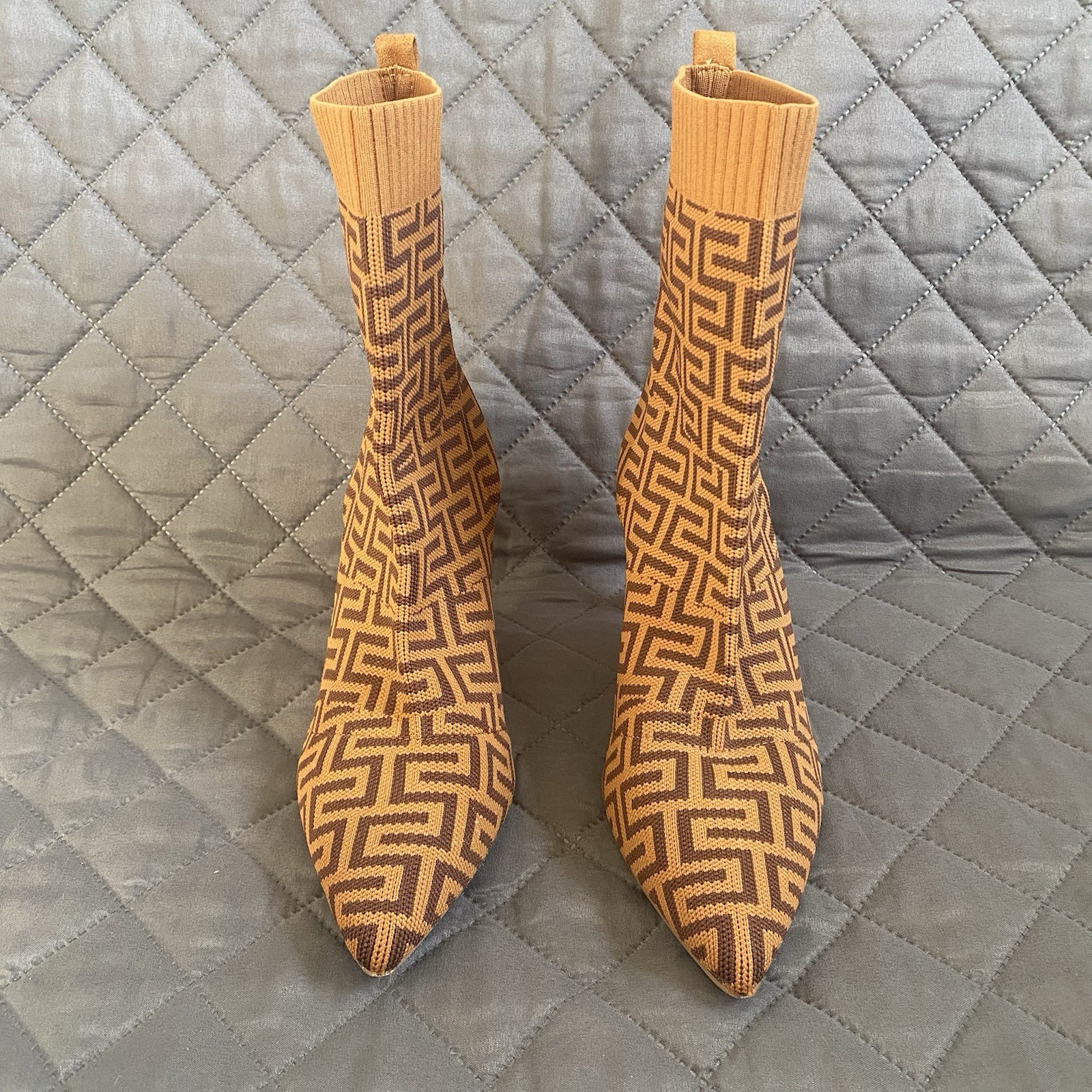 C. Malandrino Monogram Logo Heeled Ankle Sock, Knit, Suede Tan/Brown Boot SZ 8.5