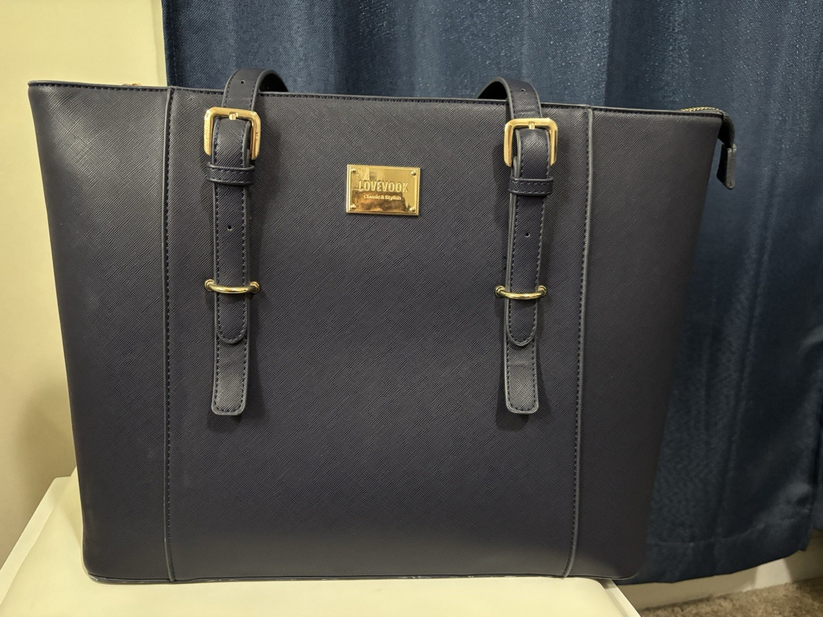 LOVEVOOK Navy Large Tote Zip Top w/ Gold Hardware, Detachable Strap, Pockets