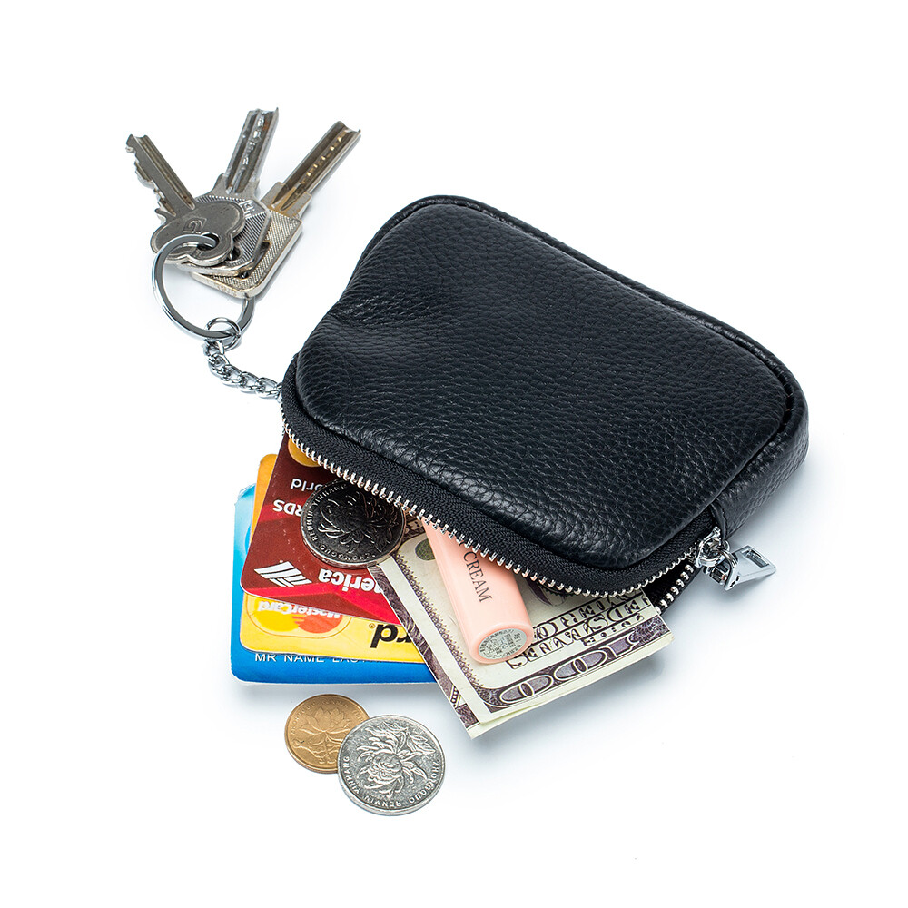 Women Men Genuine Leather Small Coin Holder Change Purse Zipper Key Card Wallet