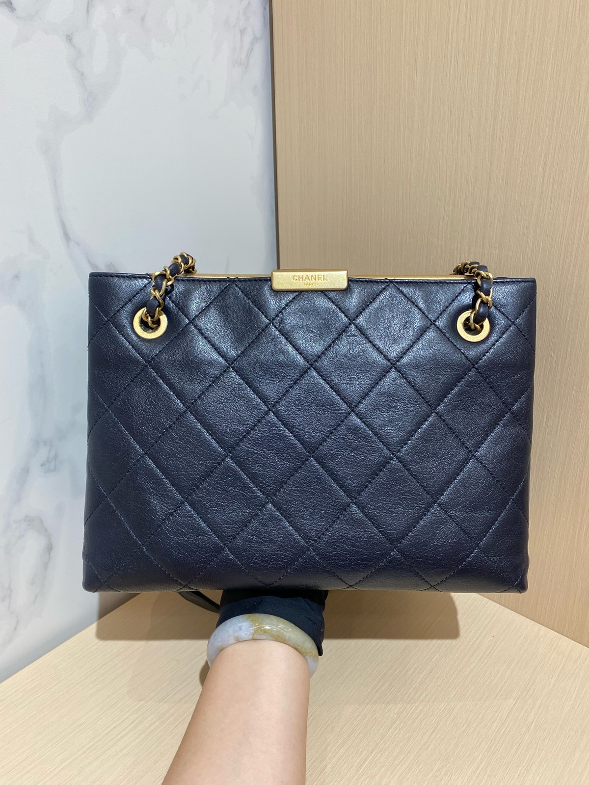 Chanel Quilted Navy Blue Leather 26cm Dual Face Shoulder Tote Bag Duty Paid