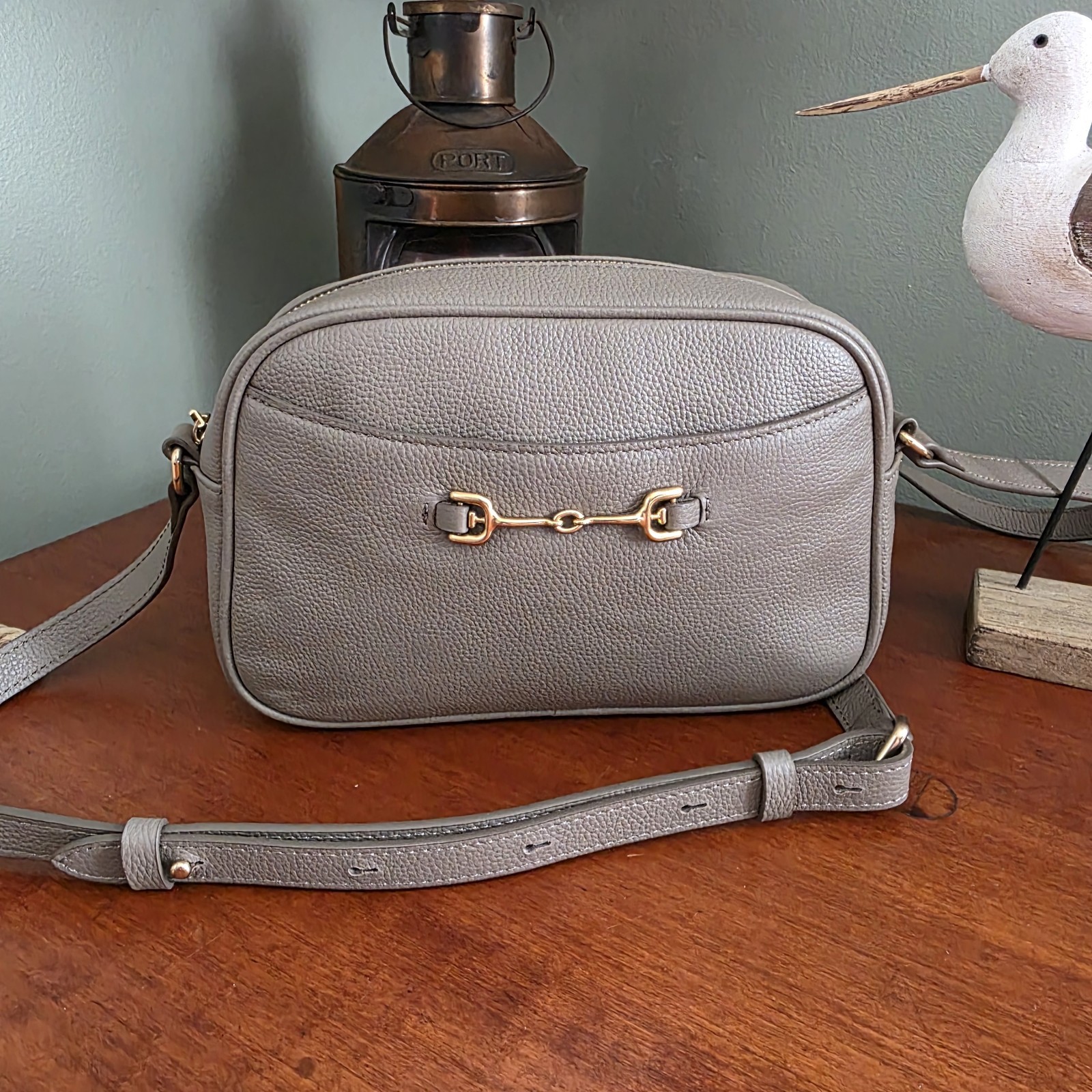 Sam Edelman Loraine Horsebit Taupe Pebbled Leather Camera Crossbody Bag