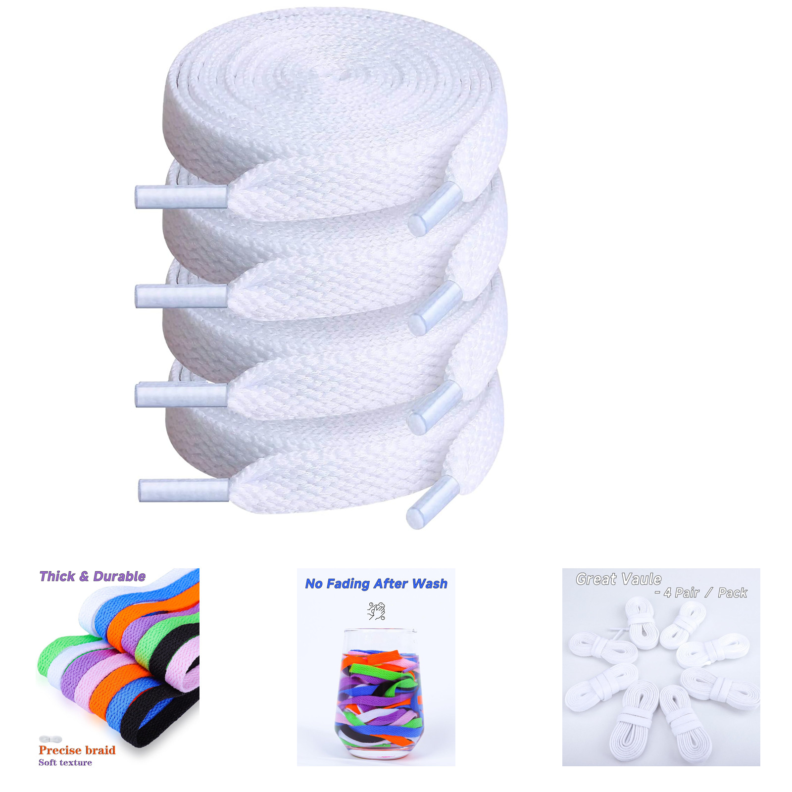 Shoe Laces for Sneakers Flat Polyester 54 Inch White 4 Pairs Athletic Casual