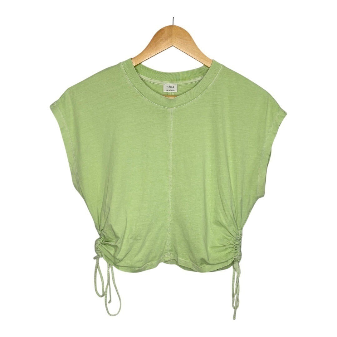 Wilfred Aritzia Ruched Side Tie Top Womens Size S Lime Green Ribbed Cap Sleeve