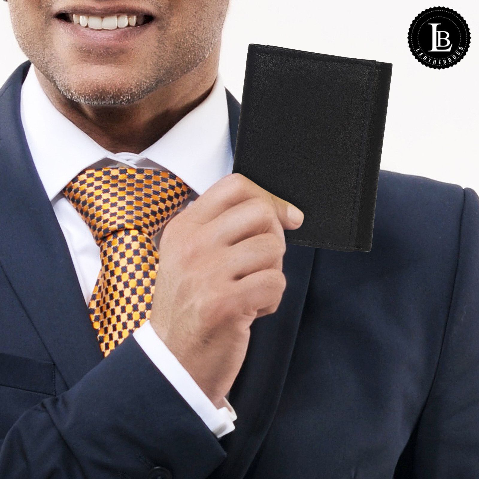 Men’s Genuine Leather Trifold Wallet Black 8 Credit Card slots ID window