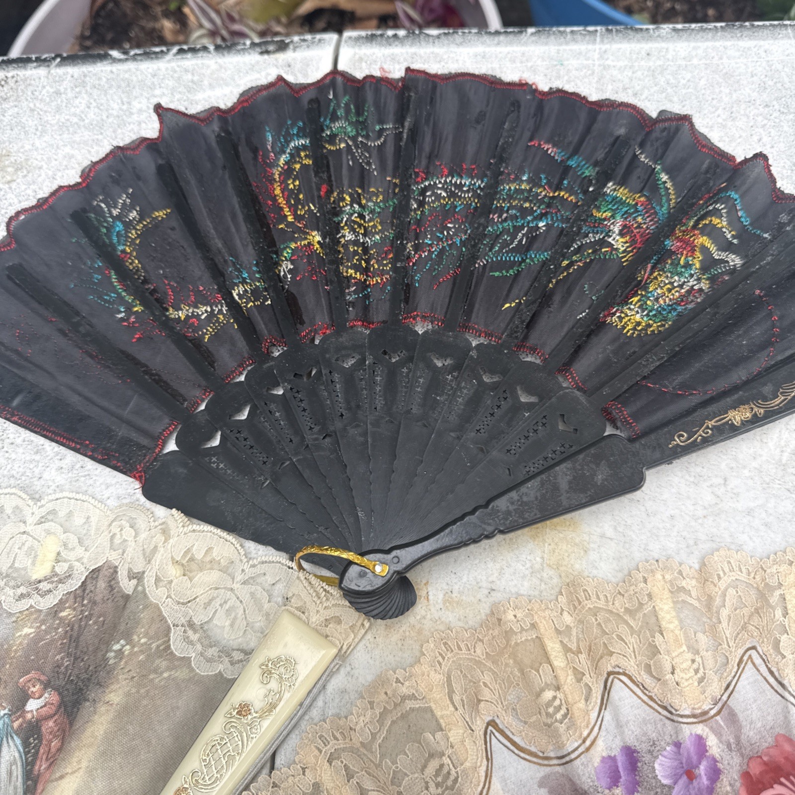 Victorian Style Multicolor Floral Hand Fan Black Lace Trim Fabric Plastic
