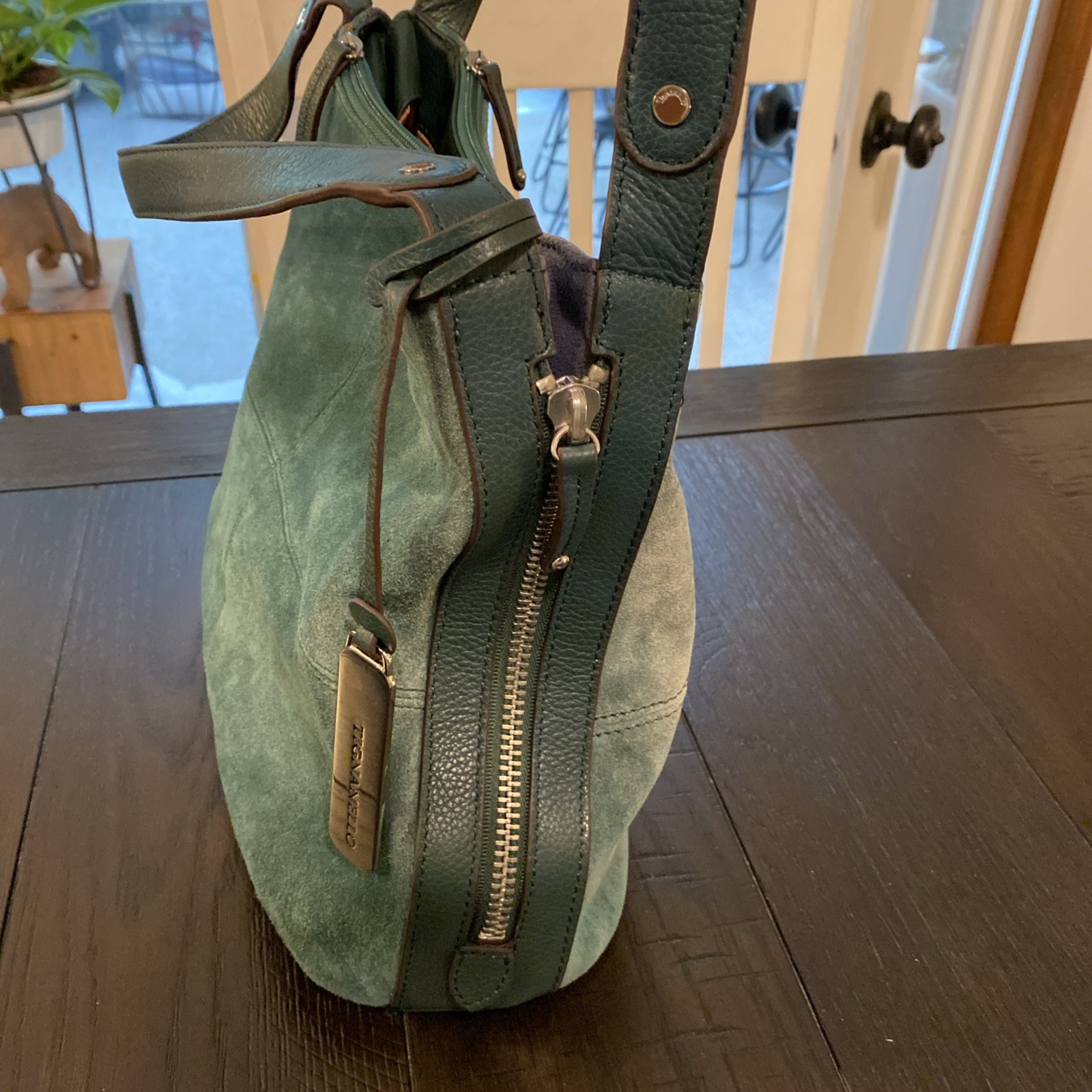 Tignanello Green Suede Leather Purse Shoulder Bag Zip Close Double Straps