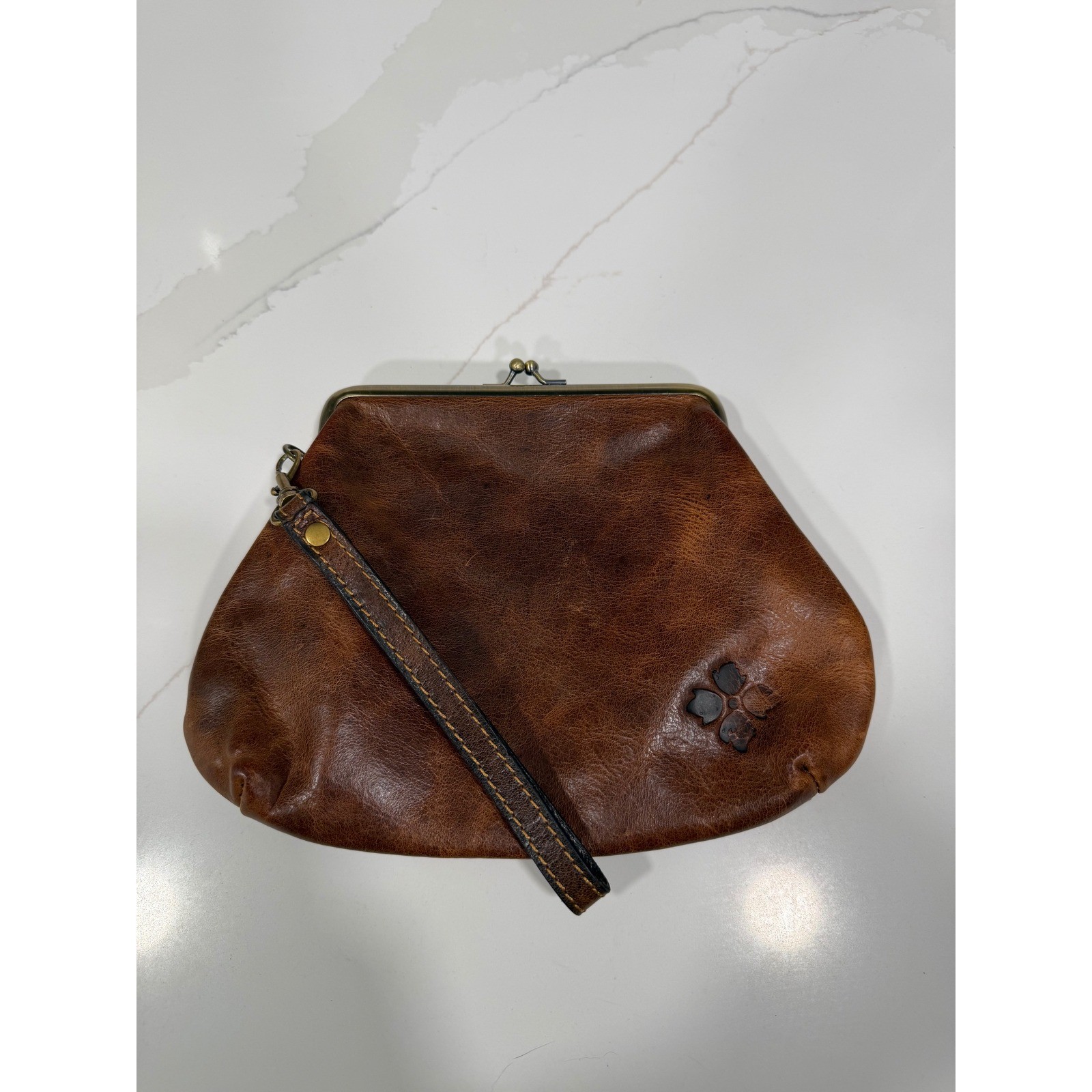 Patricia Nash Laureana Frame Clutch Wristlet Distressed Cognac Leather Brown
