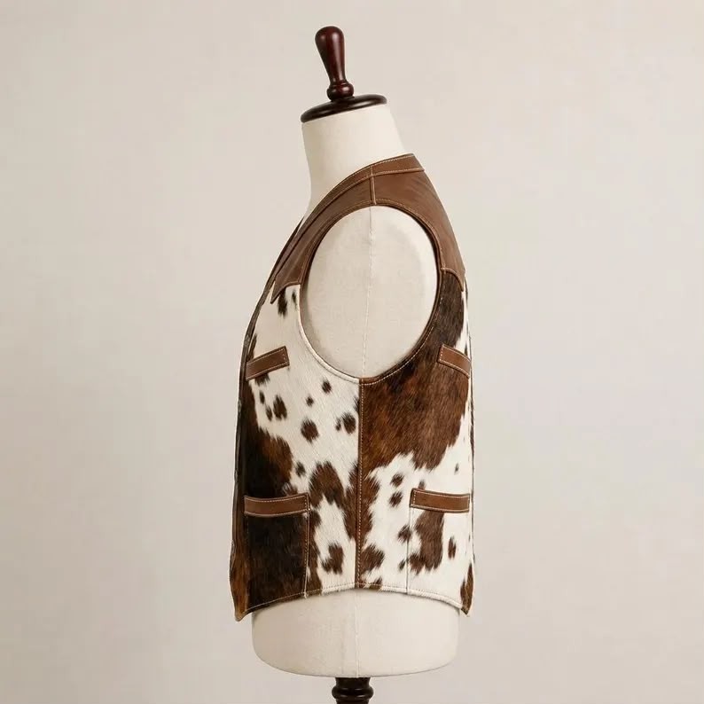 Handmade Cow Hide Leather Vest Brown White Yoke Snap Cowboy Waistcoat