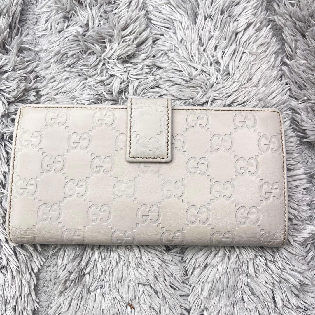 Good Condition GUCCI Shima Logo Plate W Hook White Long Wallet