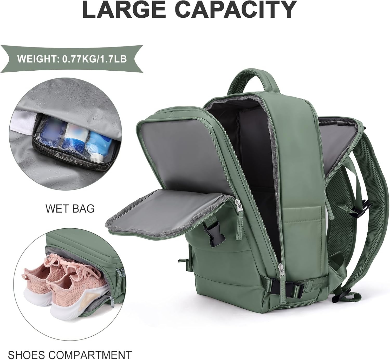 COOWOZ Travel Backpack Carry On Hiking Waterproof Daypack Casual Olive Green