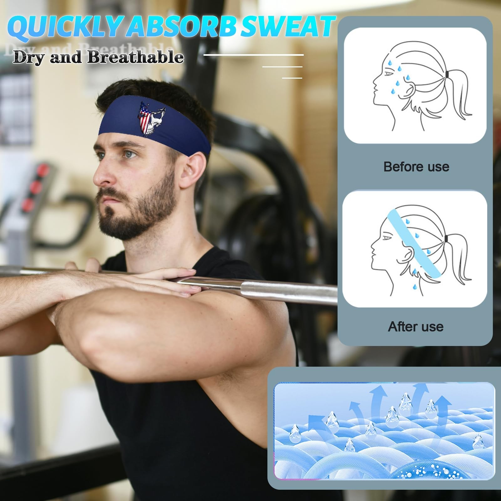 Sports Headbands for Men 3pcs Sweat Bands Sweatband 9.1″, Skeleton Flag