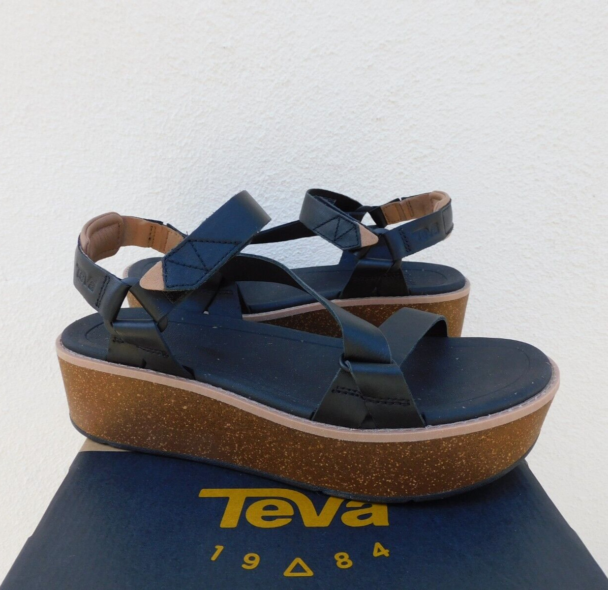 TEVA MADERA BLACK LEATHER PLATFORM WEDGE SANDALS, WOMEN US 10/ EUR 41 ~NEW