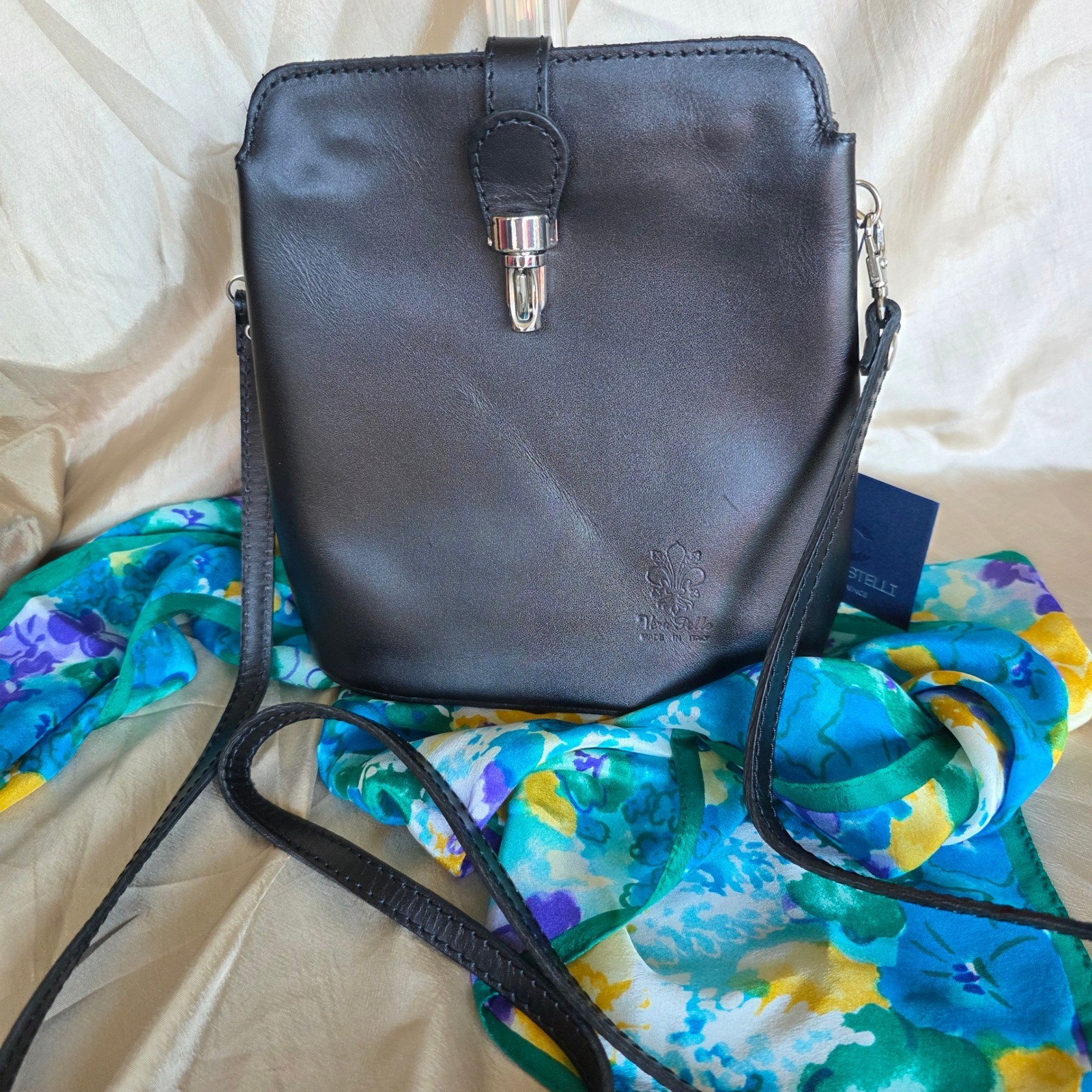 Massimo Castelli Black Leather Crossbody Bag Made in Italy Florence NWT