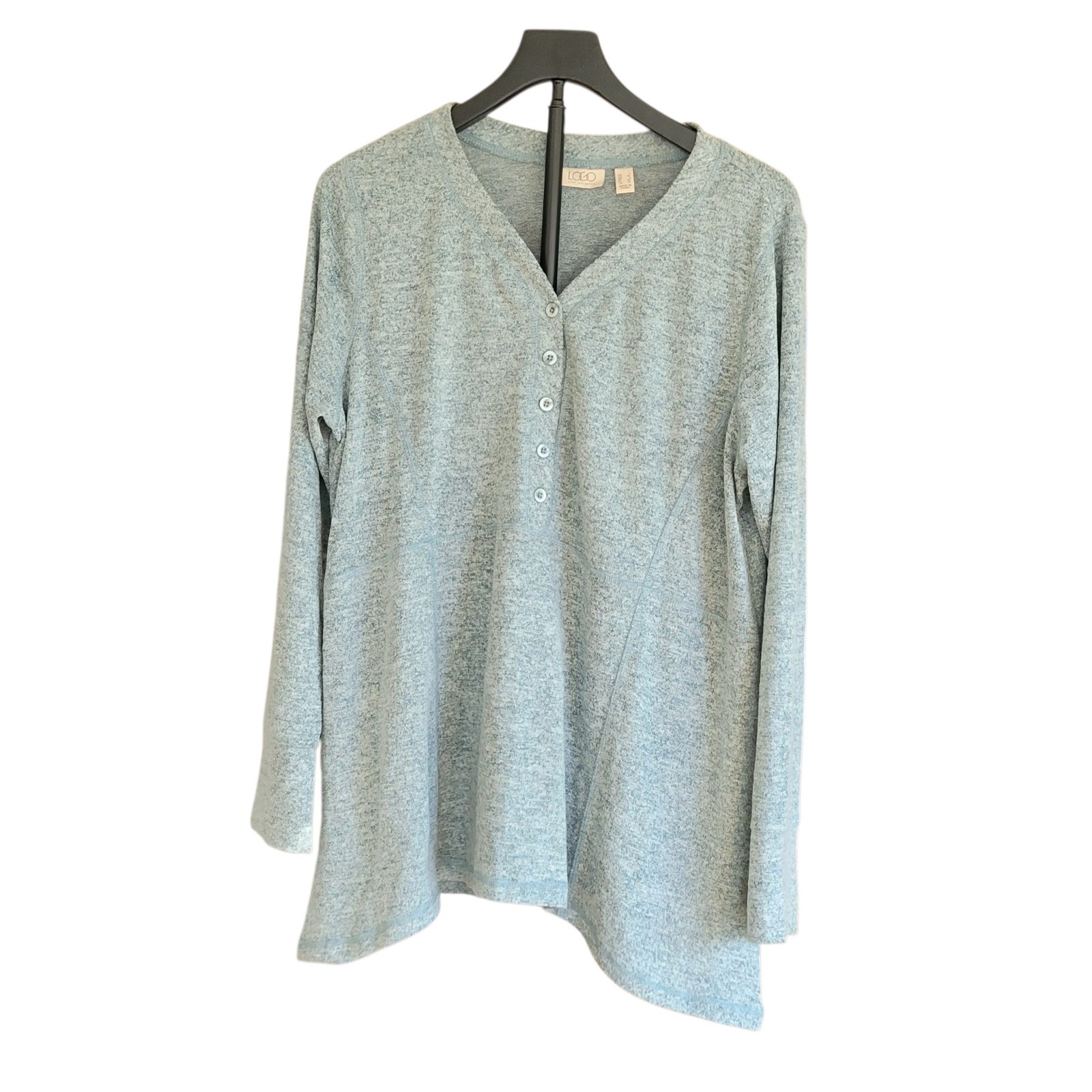 LOGO Lori Goldstein Womens Large Tunic Top Blue Marled Knit Stretch Long Sleeve