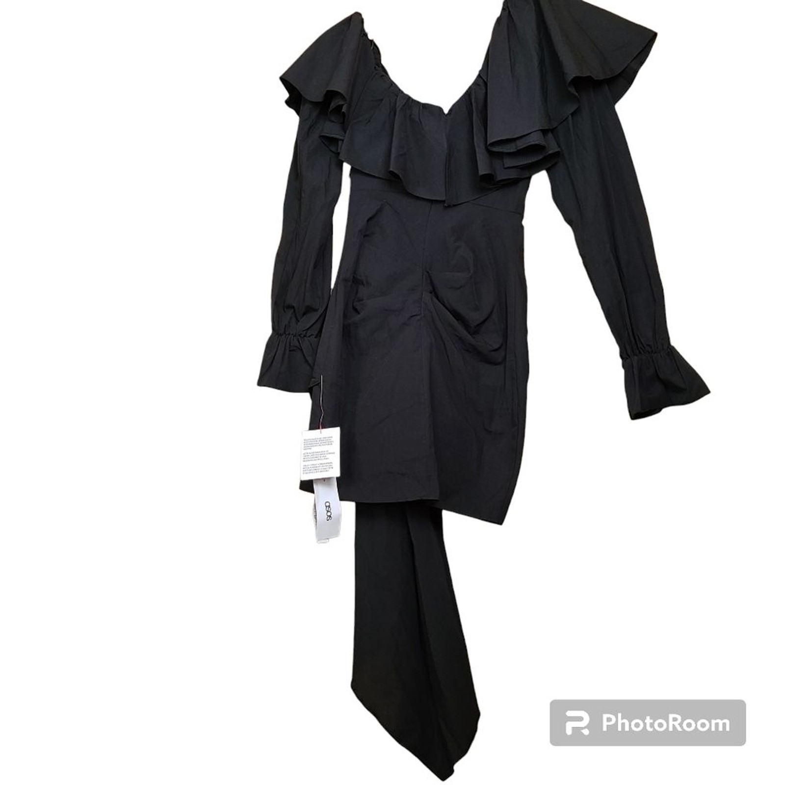 NWT ASOS LUXE Size 0 Black Ruffled Off the Shoulder Ruched Bodycon Mini Dress