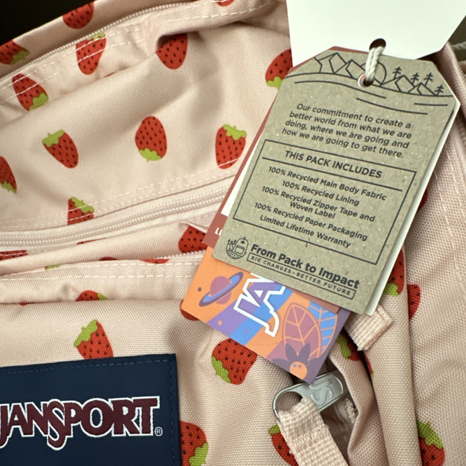 JanSport Big Student Strawberry Shower XL Kids Backpack Zipper Strap Accent