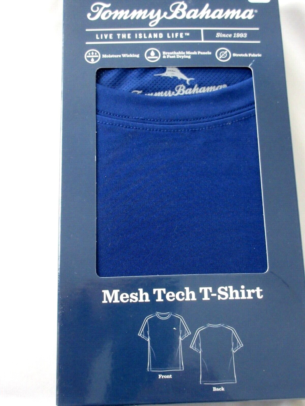 Tommy Bahama Men’s Mesh Tech Stretch T Shirt Navy Blue Marlin Logo NIB Free Ship