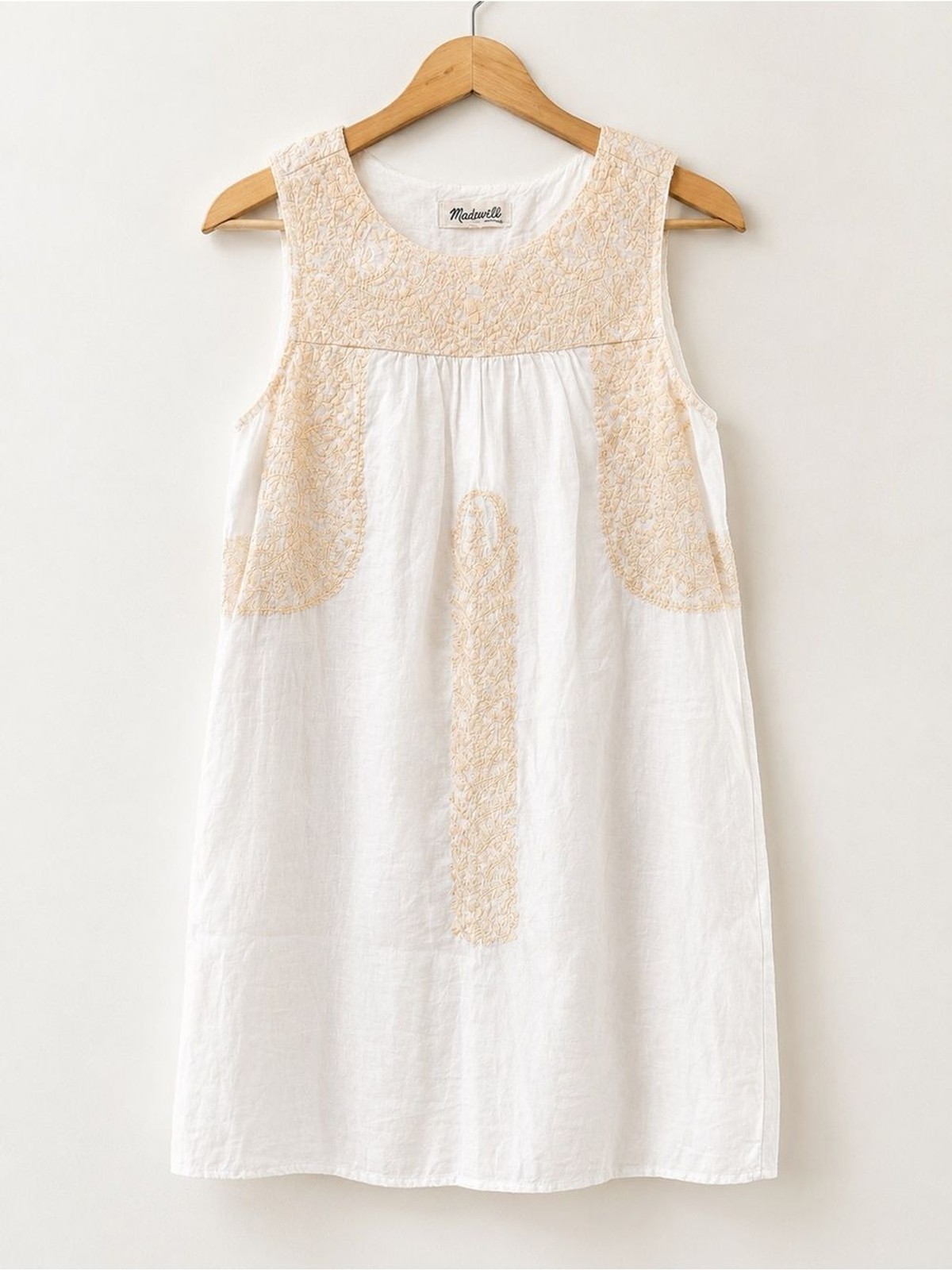 Madewell White 100% Linen Tank Dress with Light Beige Embroidery Accents