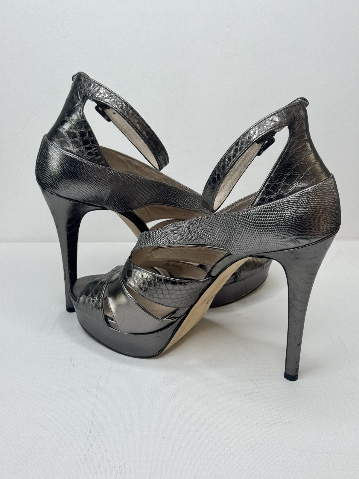 MICHAEL Michael Kors Leighton Sandal Strappy Heels Pewter Grey 11