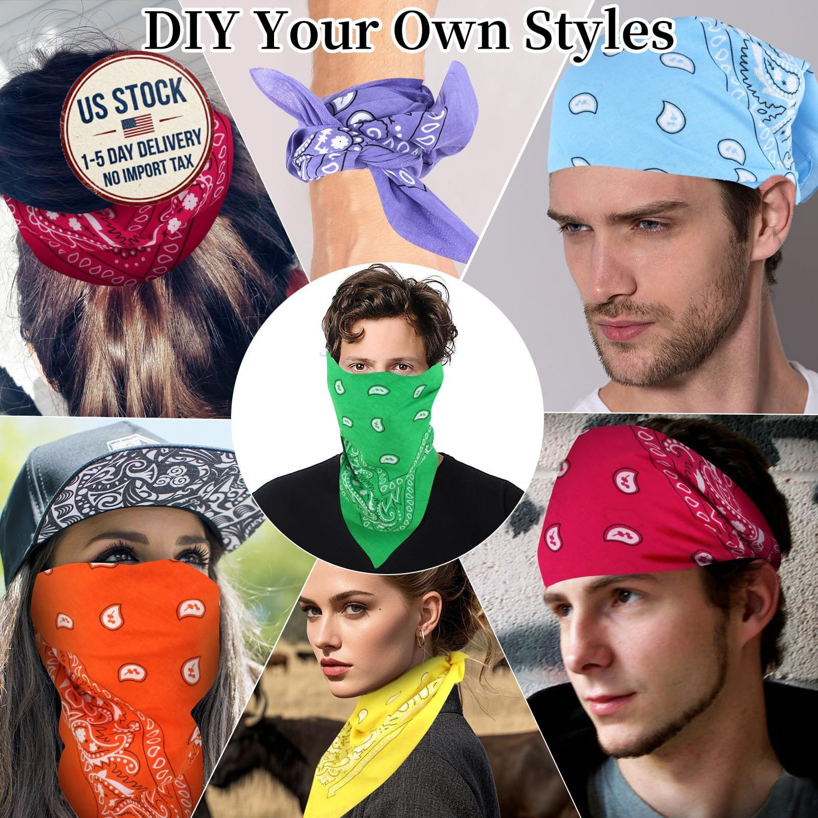 Bandanas 6 Pack 22×22 Cotton Red Black White Western Cowgirl Style Head Scarf