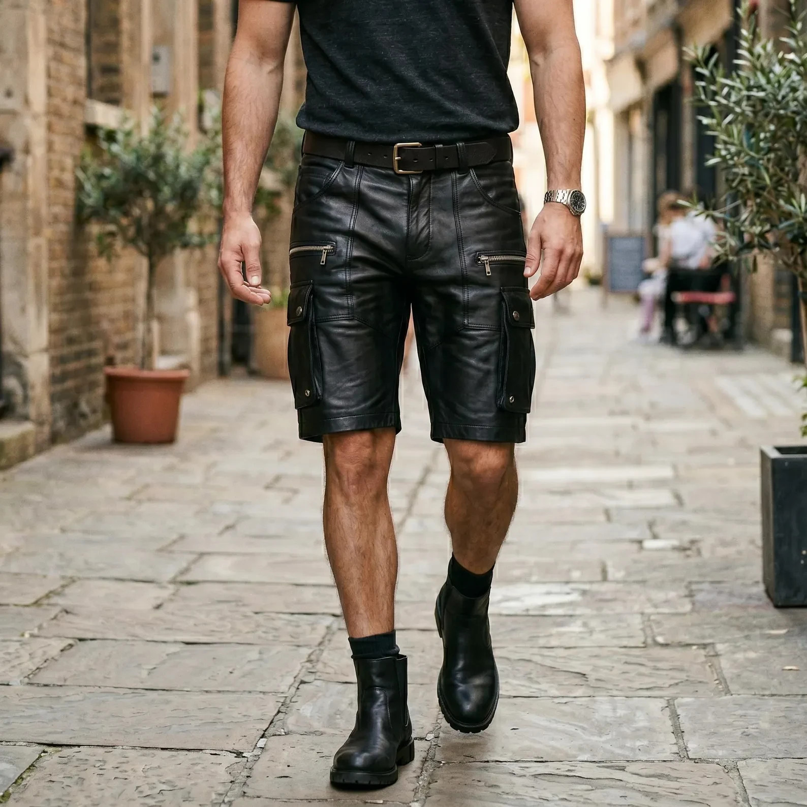 Utility Cargo Leather Shorts Men Black Genuine Sheepskin Zip Pocket Biker Soft