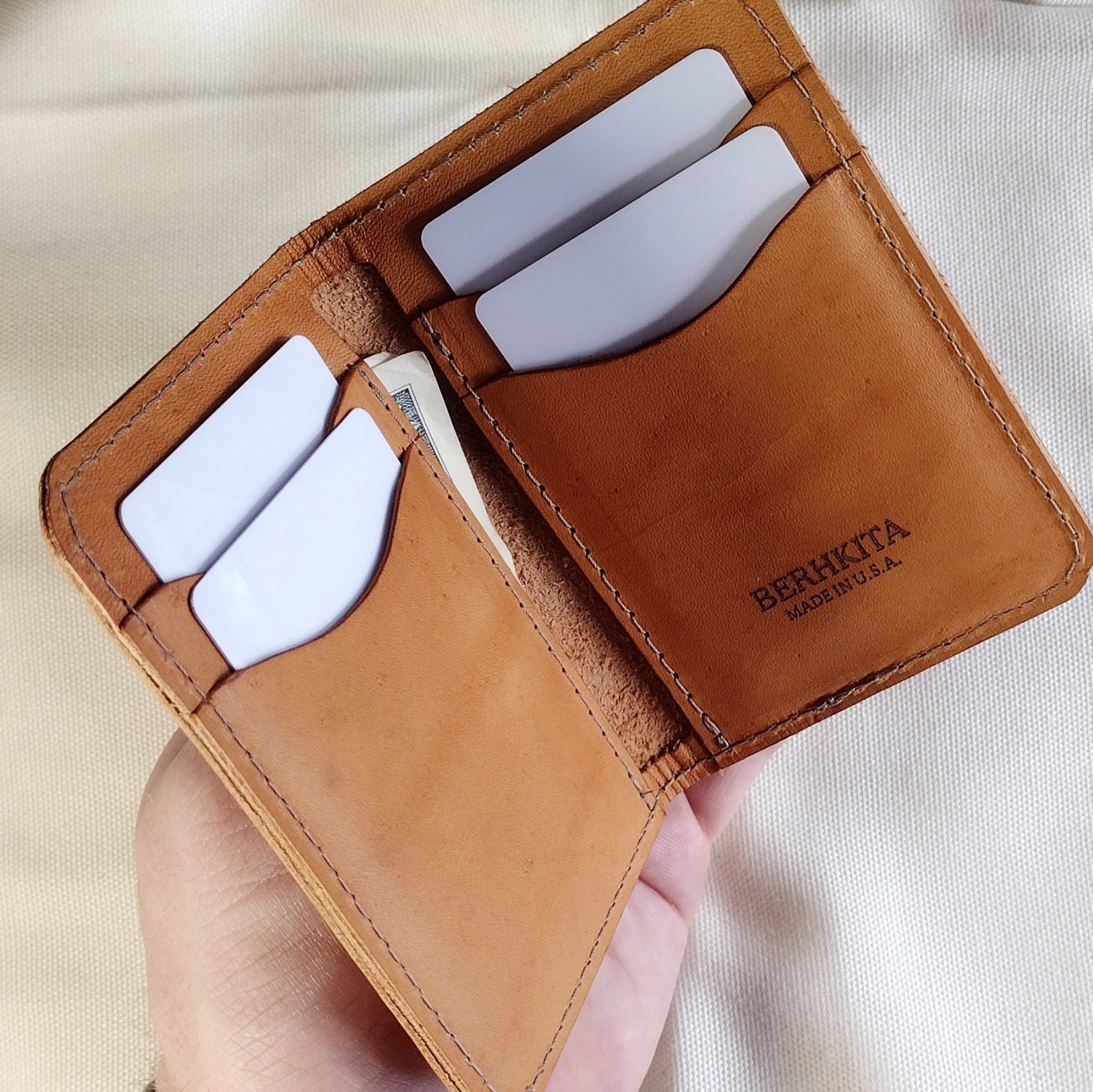 handmade 100% real leather wallet aged natural veg tan vertical bifold Deer