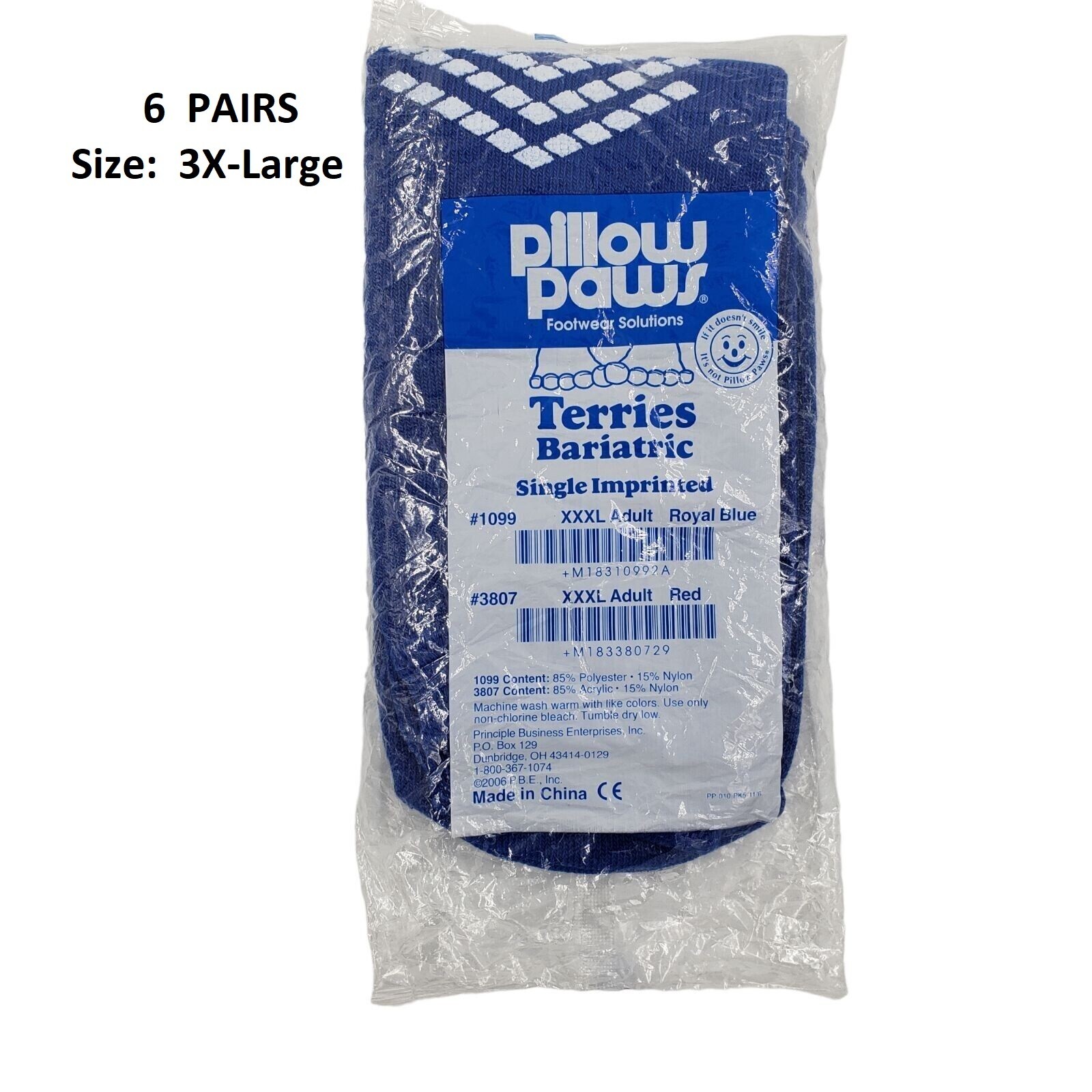 6 Pairs Hospital Slipper Socks Pillow Paws Bariatric 3X-Large Blue Ankle High