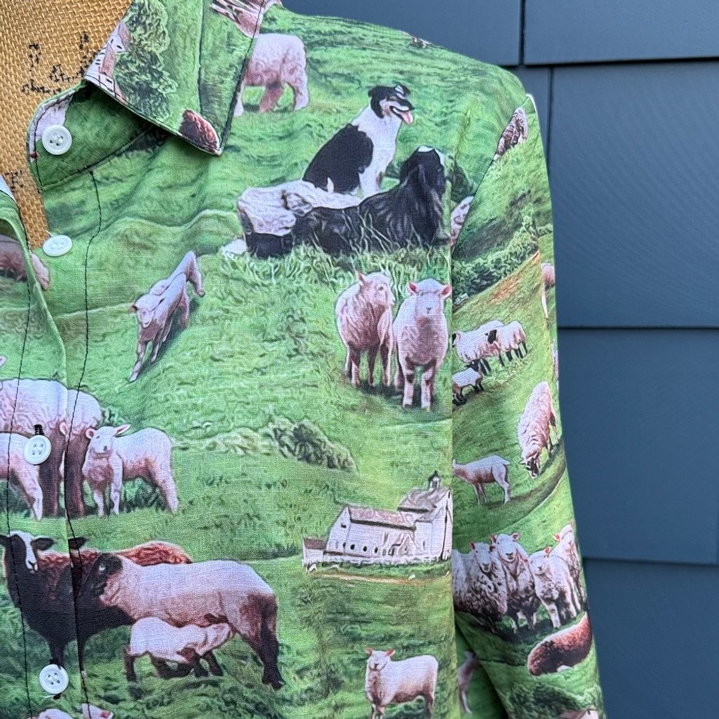 Source Unknown Green Sheep Print Women’s Button Down Shirt funky peplum