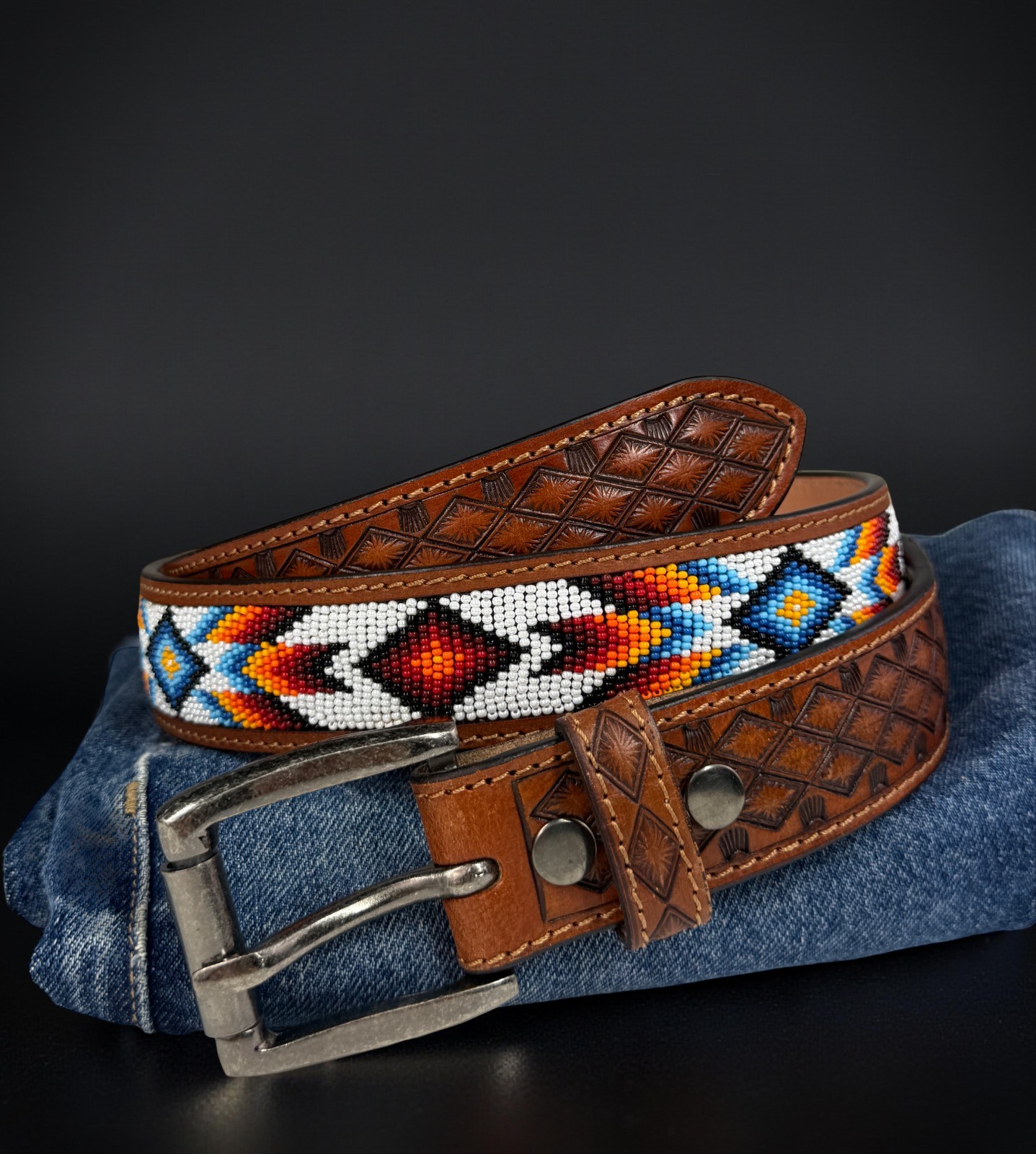 Full Grain Leather Hand Tooled Western Belt Cowboy Rodeo Beaded Removable Buckle