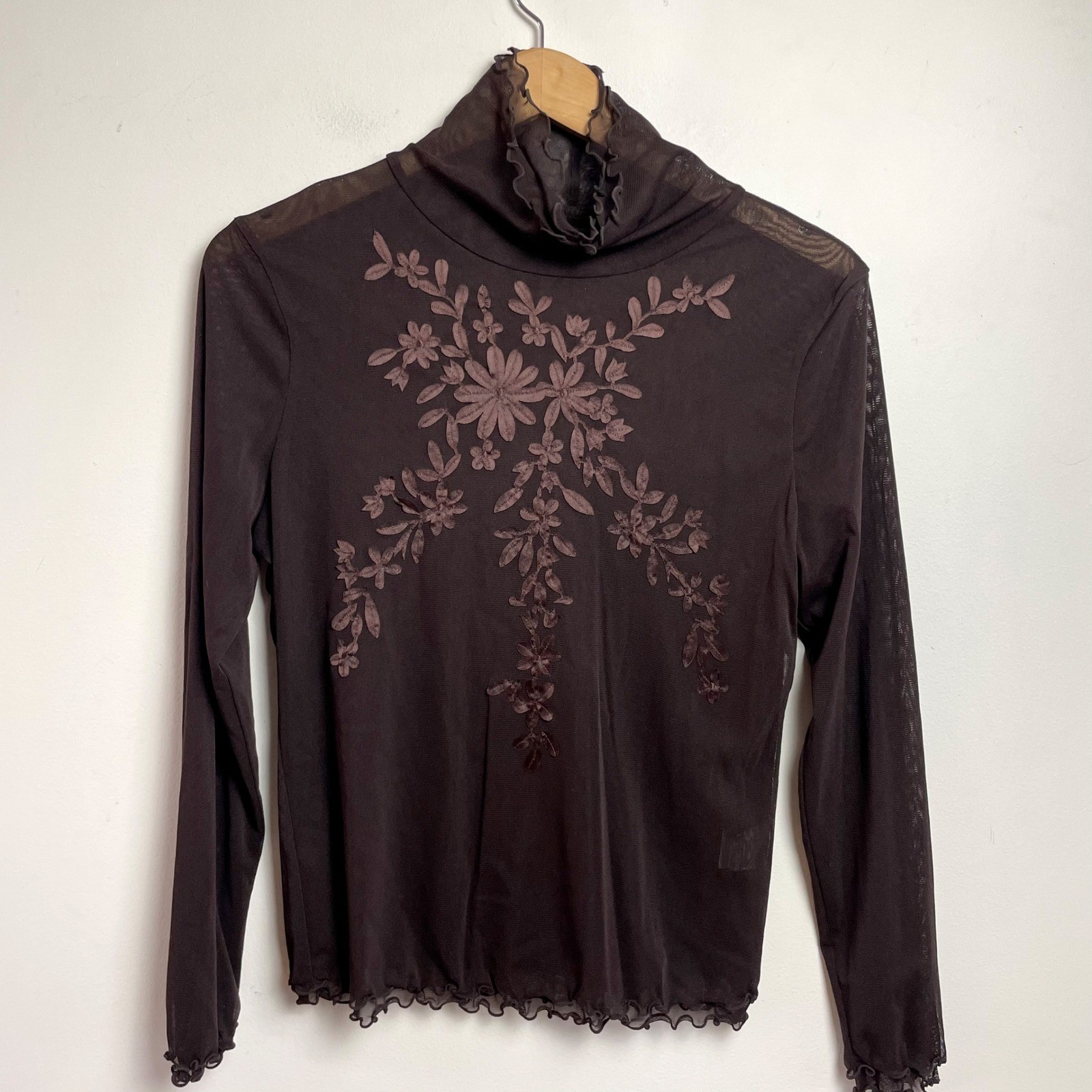Vintage Y2K Sheer Mesh Fairy Grunge Top Sz Medium Brown Embroidered Whimsigoth