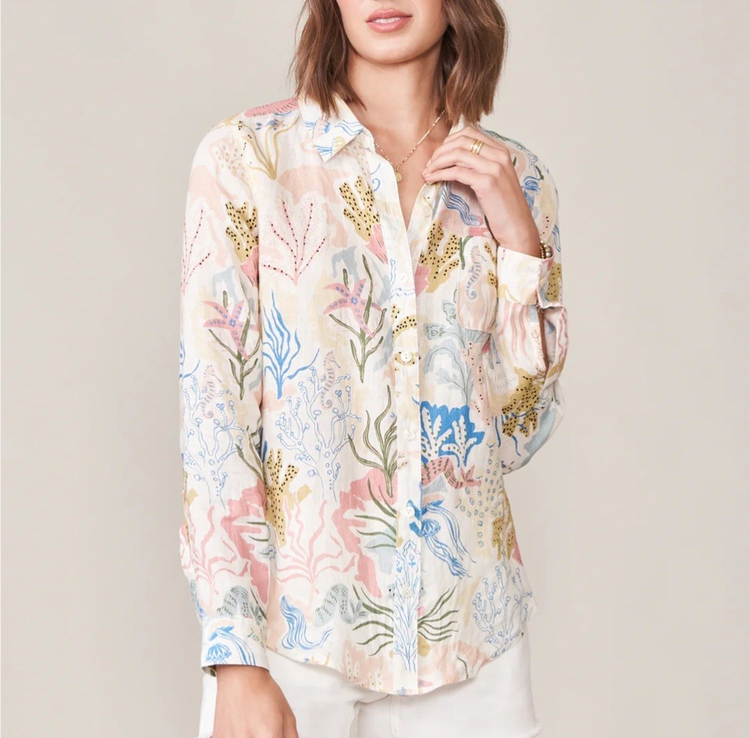Spartina 449 Callie Linen Shirt Mermaid Coral Beach Seahorse Ocean Print Size L