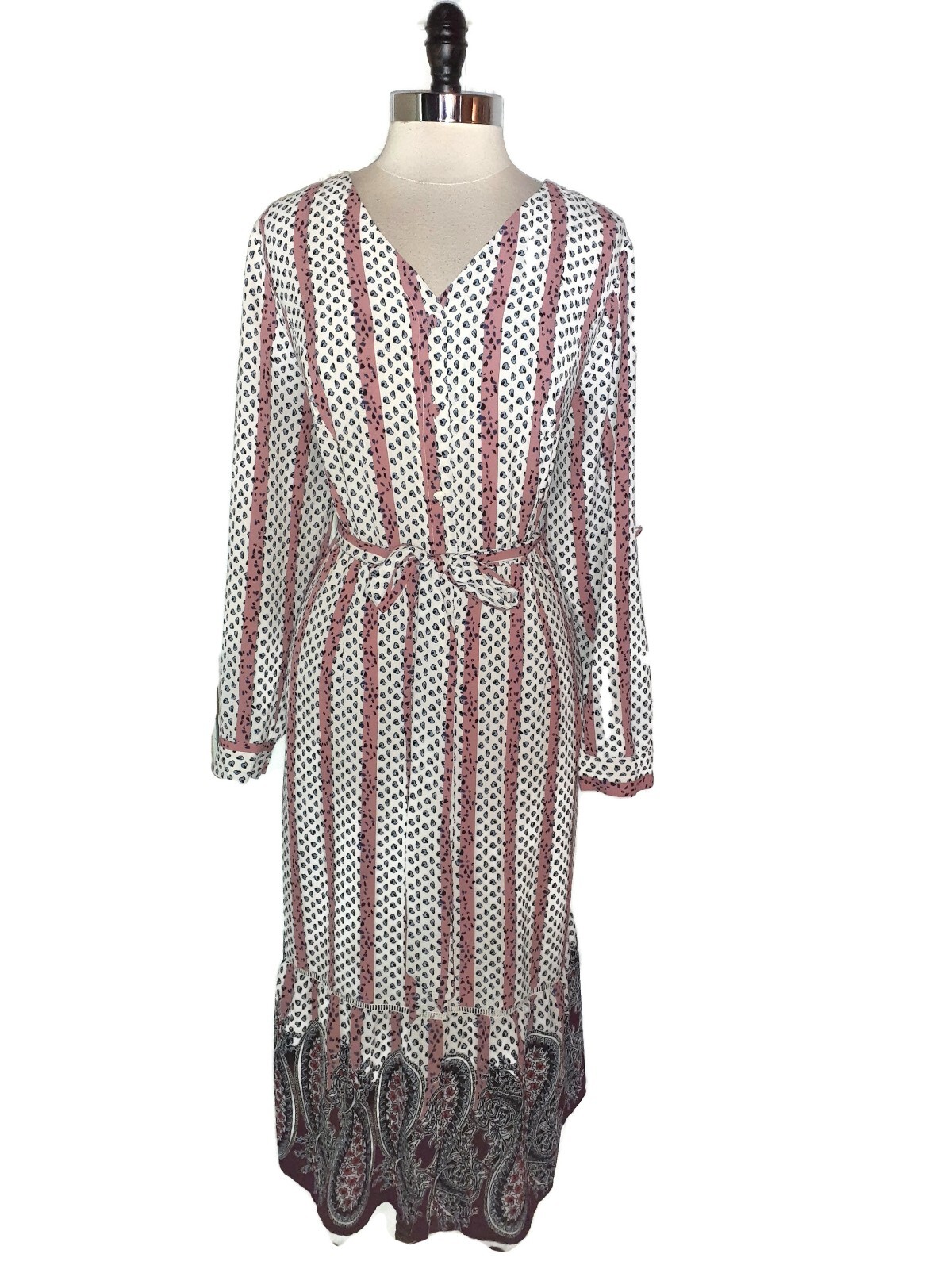 LANE BRYANT Plus Size 1X 16W Dress Ivory Pink Blue Long Sleeve Midi Pockets