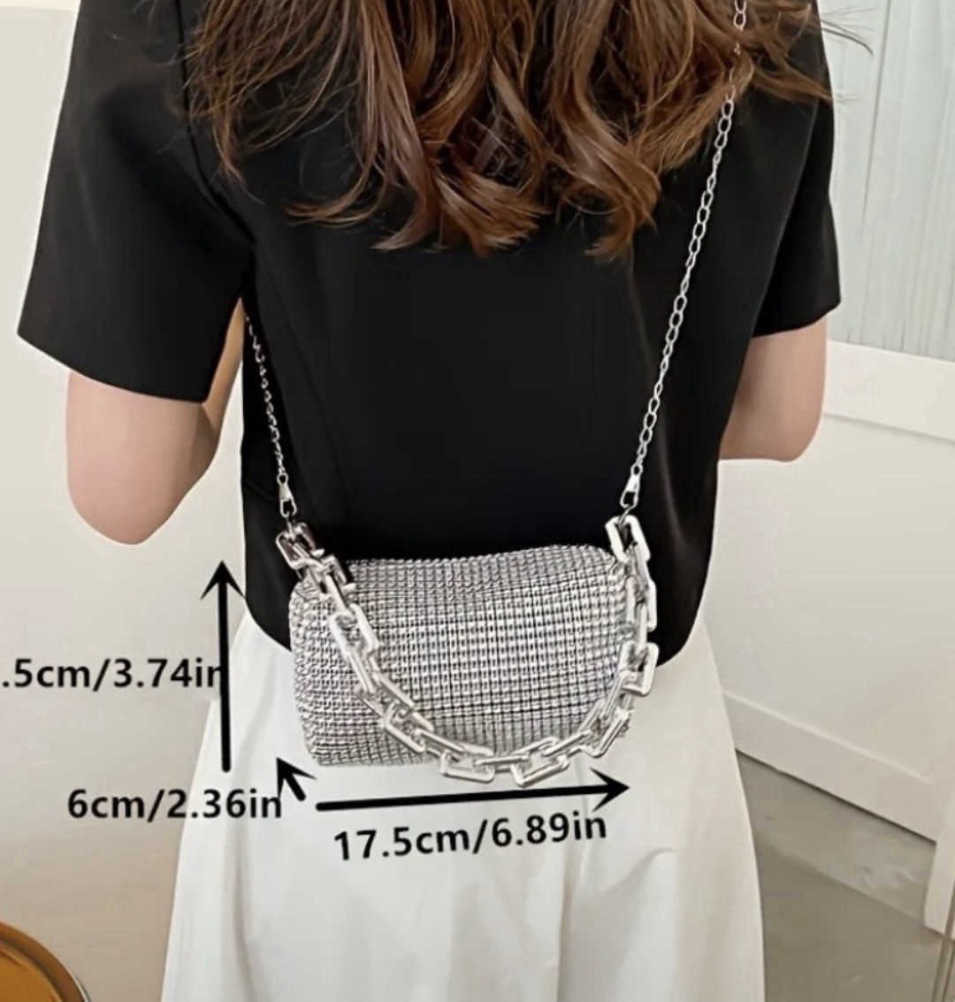 Silver Metallic Rhinestone Mesh Crossbody Bag Chain Strap Zip Closure