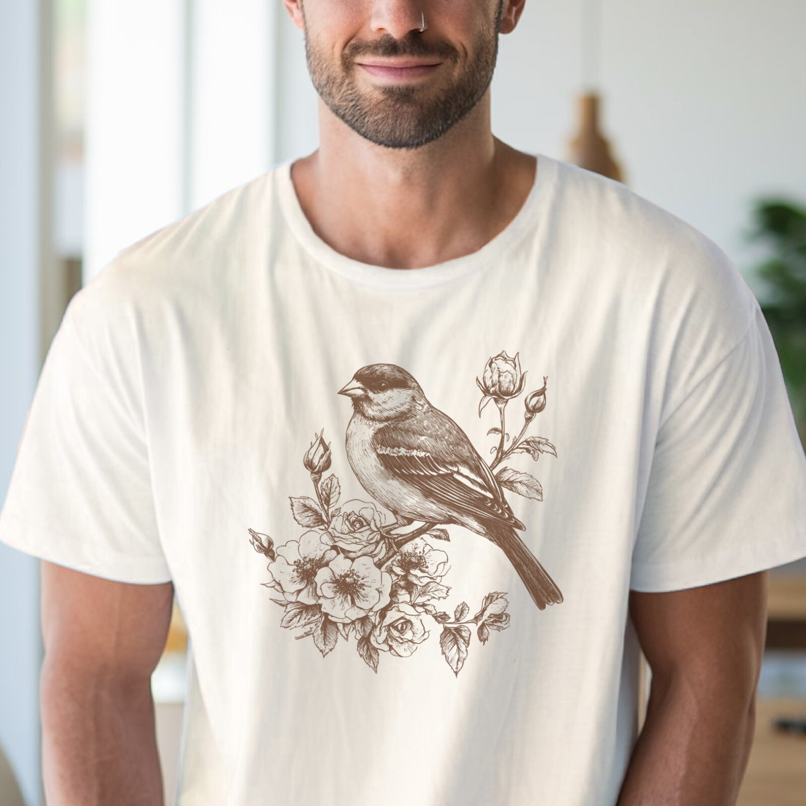 Bird and Floral Sketch Tee Sparrow Graphic T-shirt Nature Shirt