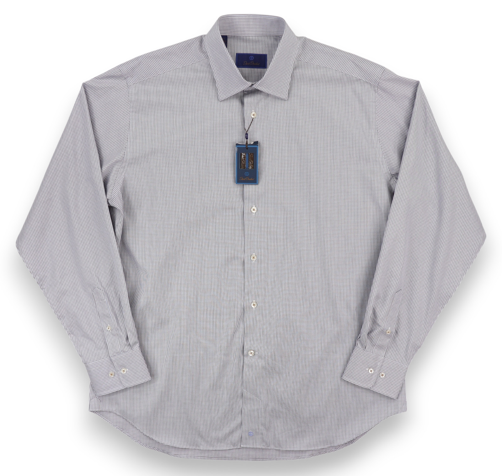 David Donahue Dress Shirt Mens 17 36/37 Blue Brown Plaid Cotton Long Sleeve NWT
