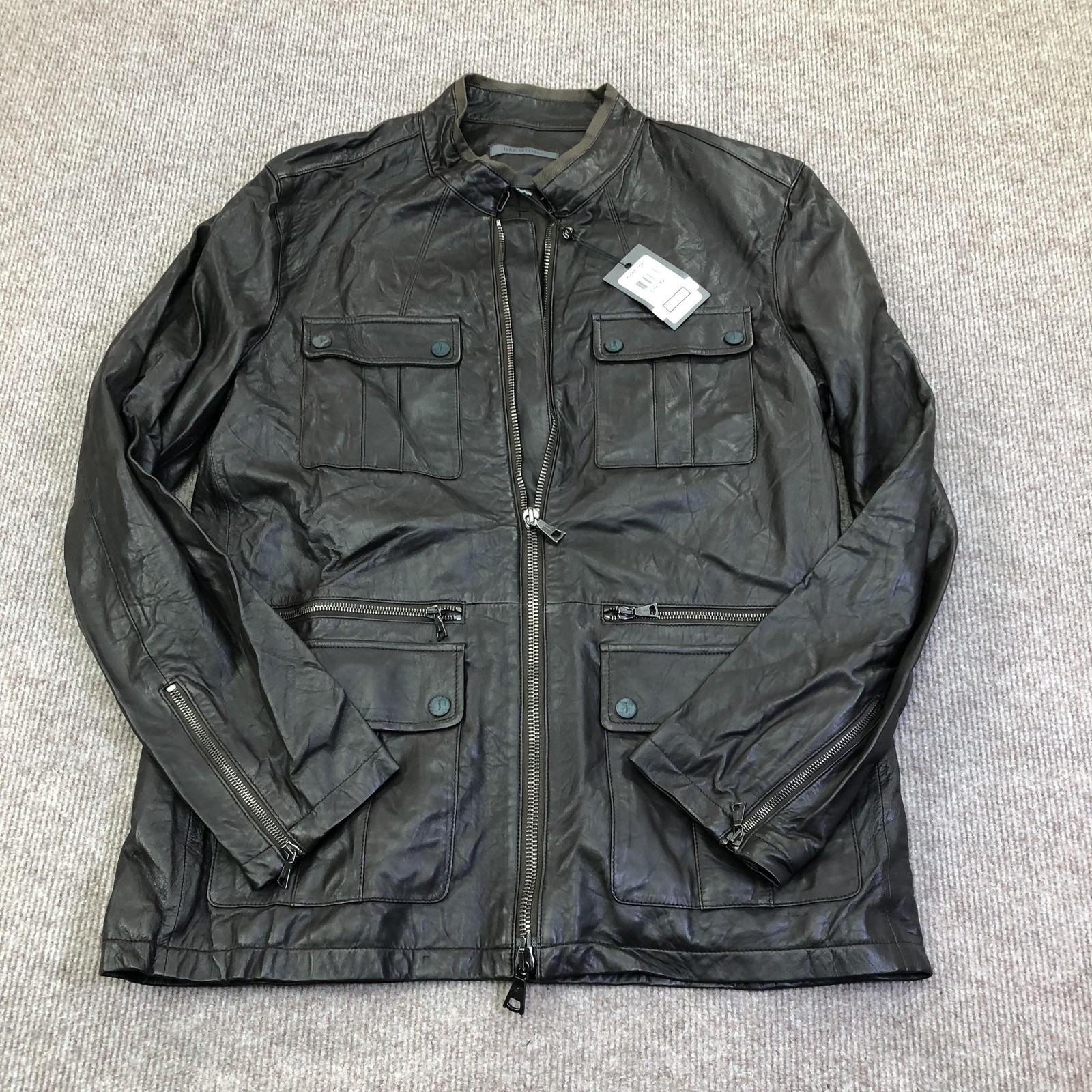 John Varvatos Jacket Mens 52 Brown Leather Military Full Zip Pockets L736P4 Y700