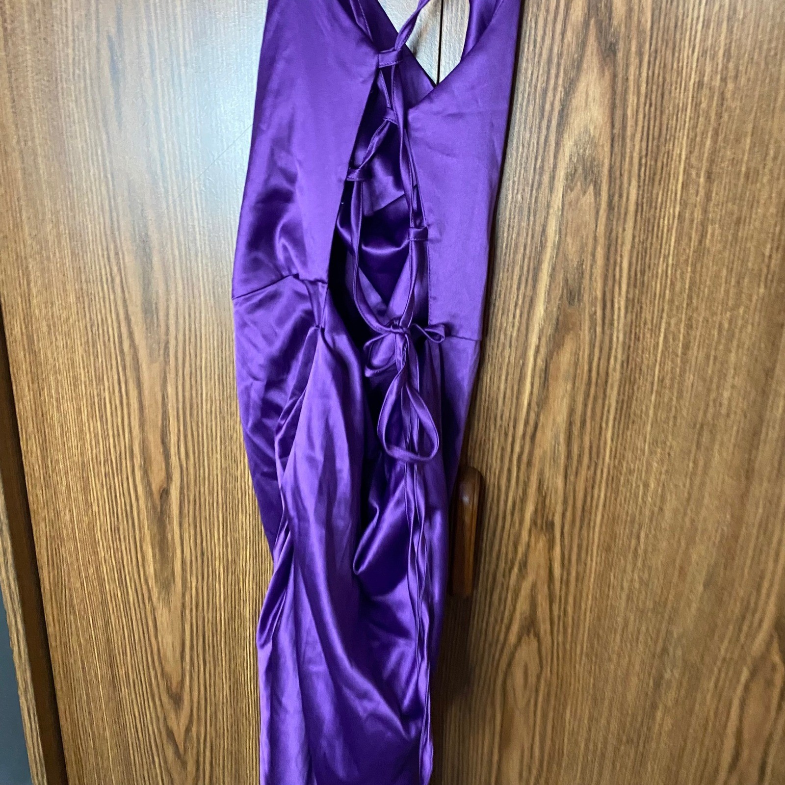 Asymmetrical Satin Ruched Midi Dress Womens XL Purple Lace Up Back Cowl Neck