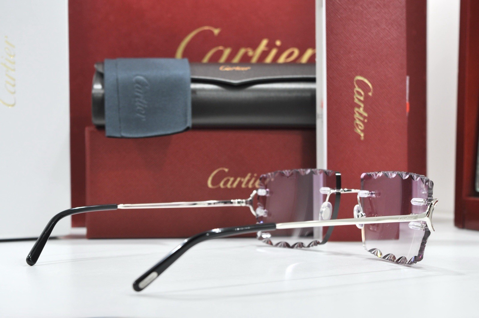Cartier rimless sunglasses piccadilly glasses Diamond Cut BIG C silver Frame