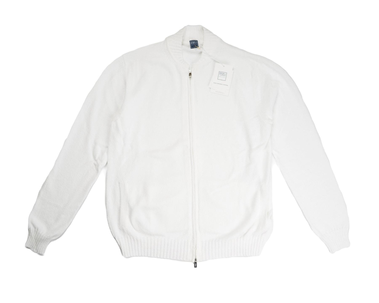 Fedeli $650 NWT White Giza Organic Cotton Full Zip Slim Sweater L (52 IT)