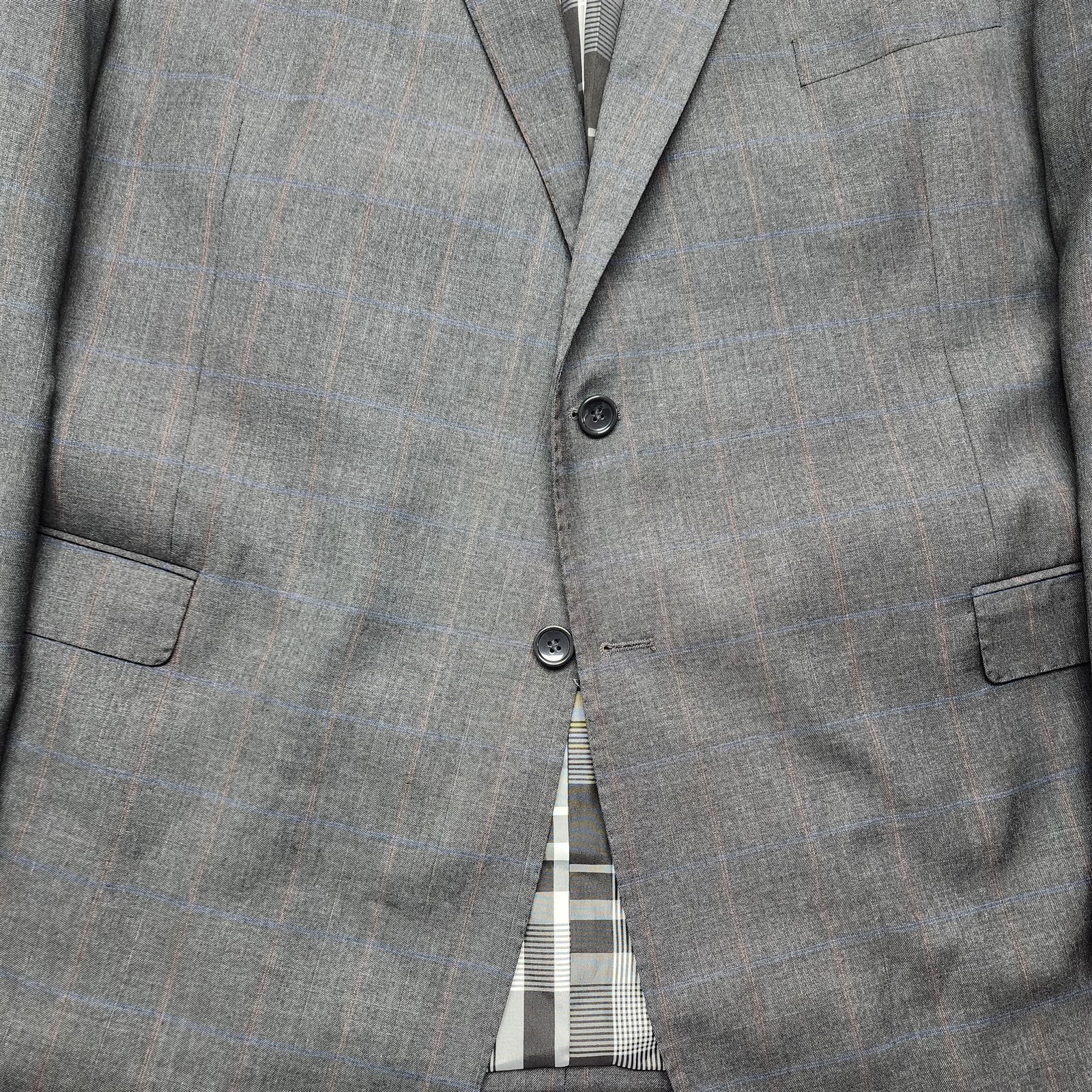 Statement Italy 52L 44×32 Gray Red Blue Windowpane 100% Wool 2Btn 2Pc Mens Suit