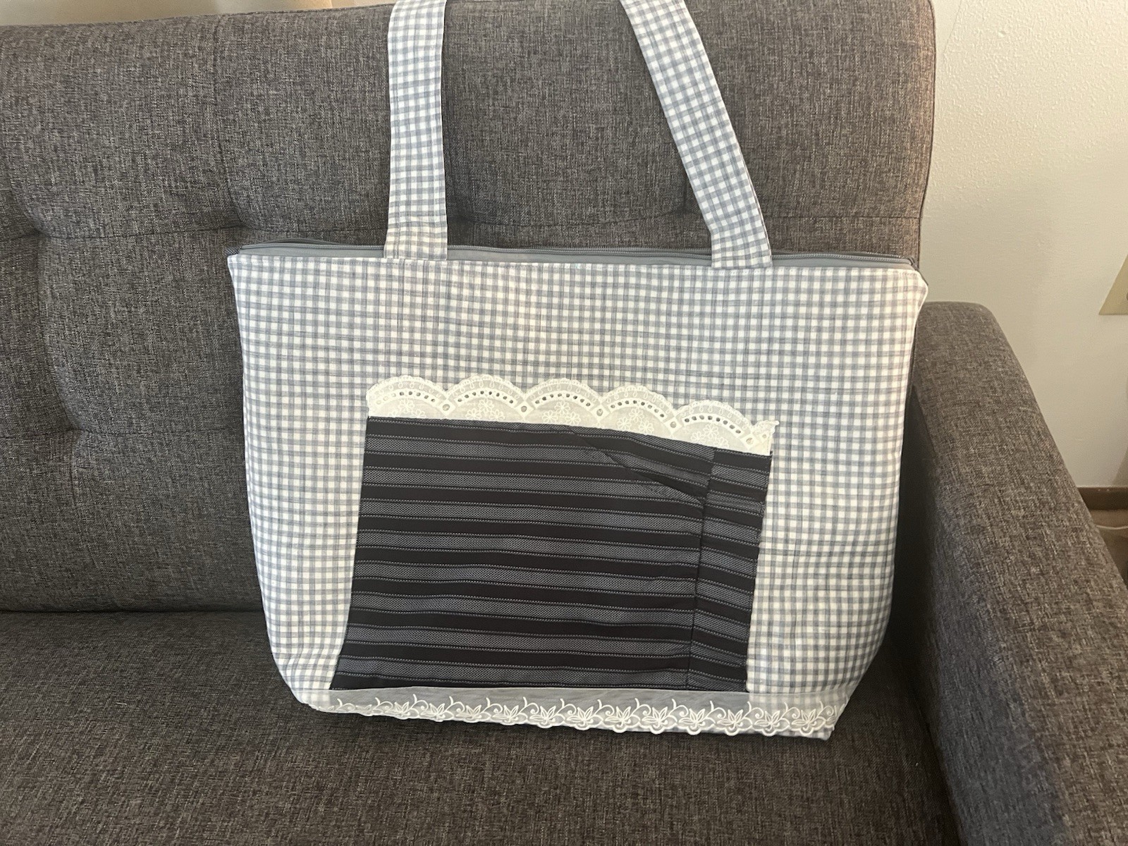 Gray/White/Black Gingham Tote Bag Lined Zip Closure Lace Accent Double Handles