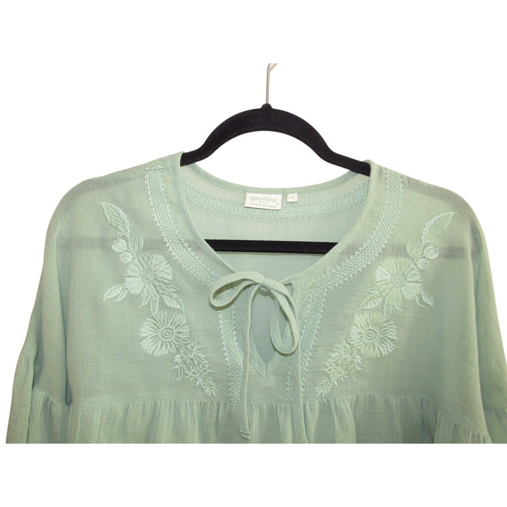 Spartina Mint Green Embroidered Peasant Blouse Small Boho Cottagecore Cotton